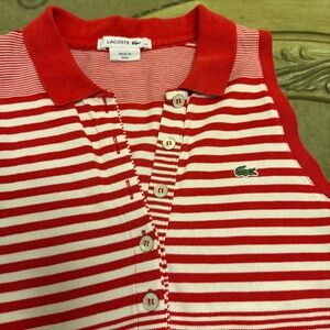 LACOSTE Women’s Polo Dress Sz 40 Red/White PIQUE KNIT 5-Button Logo Sleeveless